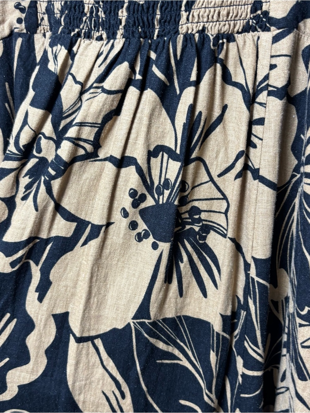 GAP Linen Blend Midi Empire Dress XL Black Brown Floral Smocked Cottagecore - Picture 8 of 9